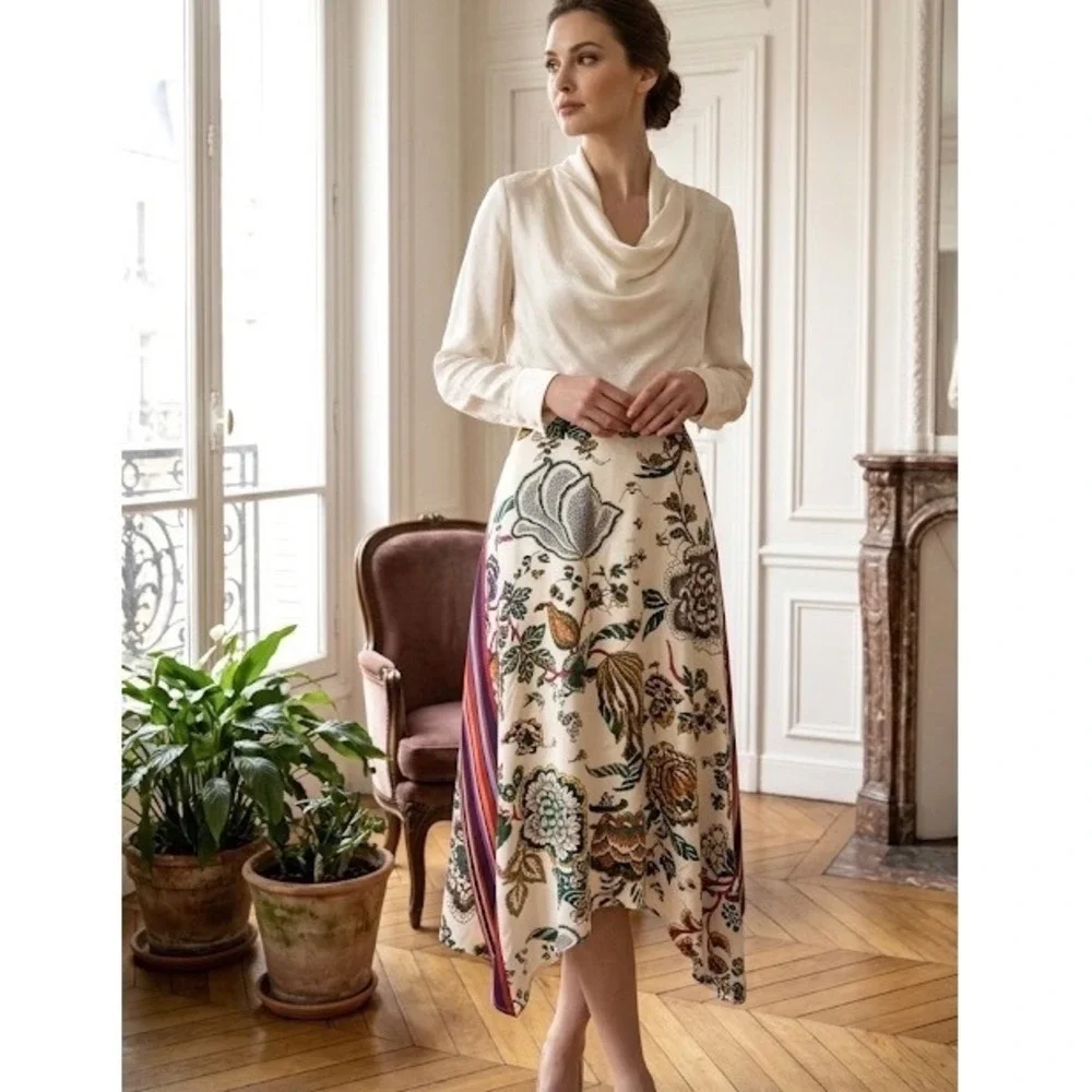 Tory Burch Marie Silk Skirt Floral Asymmetrical Handkerchief Midi Size 12 New